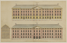 216644 Opstanden van de voor- en achtergevel en een doorsnede van het ontwerp voor de Willemskazerne (Wittevrouwenkade) ...